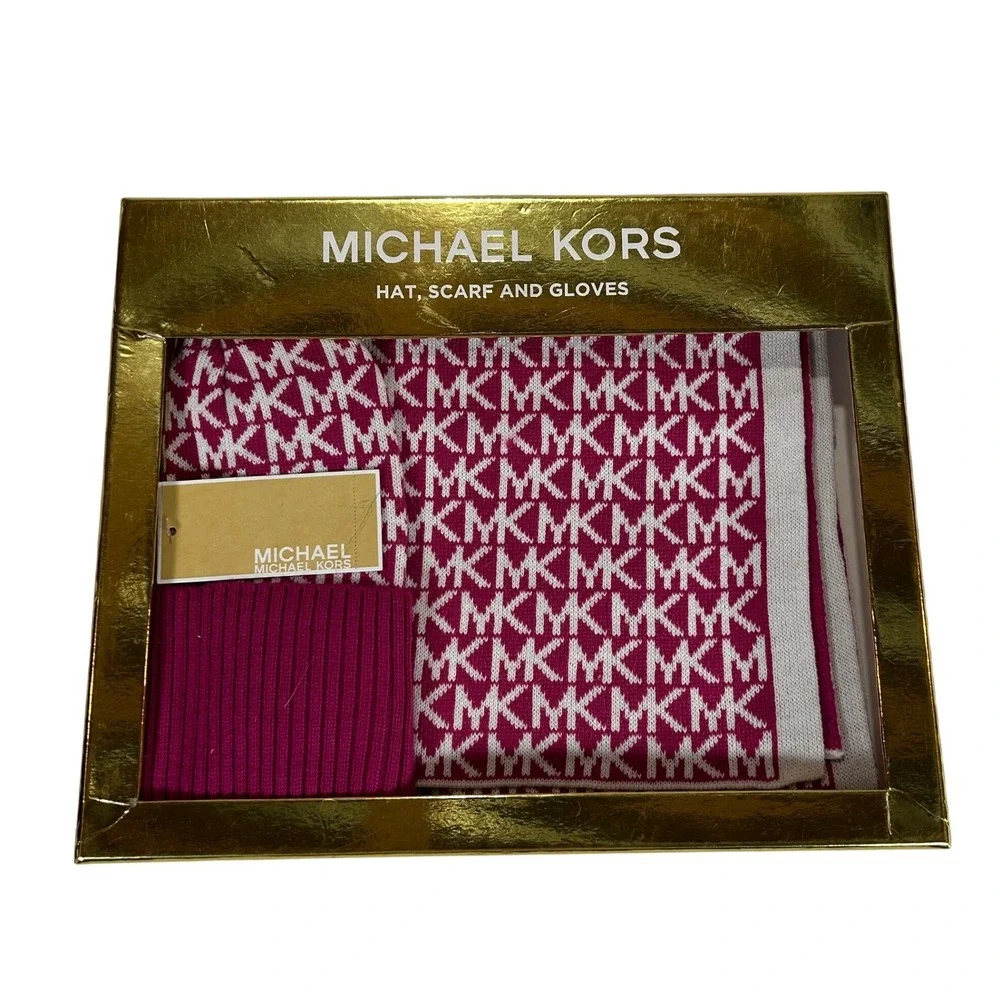 Michael Kors Hat Scarf and Gloves Set Deep Fuchsia Cream MK Monogram 539240C NEW